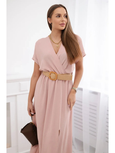 Long dress with decorative belt powder pink