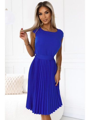 311-16 LILAC Pleated dress with short sleeves and belt - BLUE