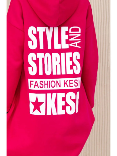 Padded sweatshirt with a long back and hood in fuchsia-coloured