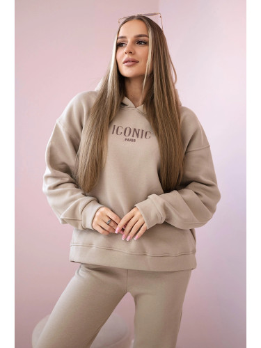 Insulated cotton set, sweatshirt with embroidery + beige trousers