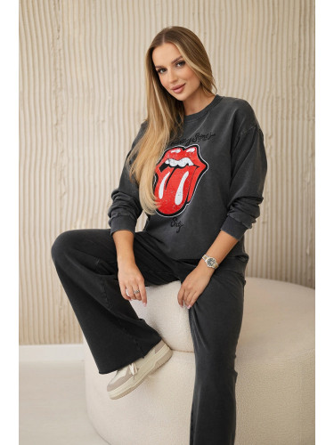Włoski Cotton set wiped with print sweatshirt + pants Graphite