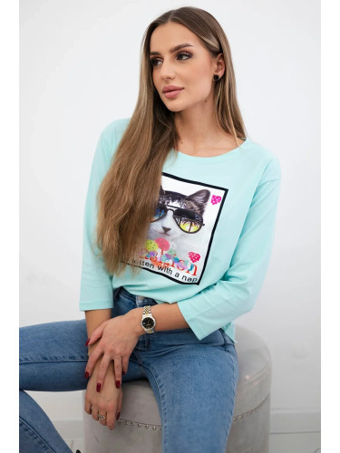 Blouse with cat graphics 3D mint