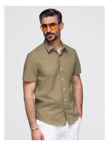 Ombre Men's short sleeve cotton and linen shirt with pocket - olive