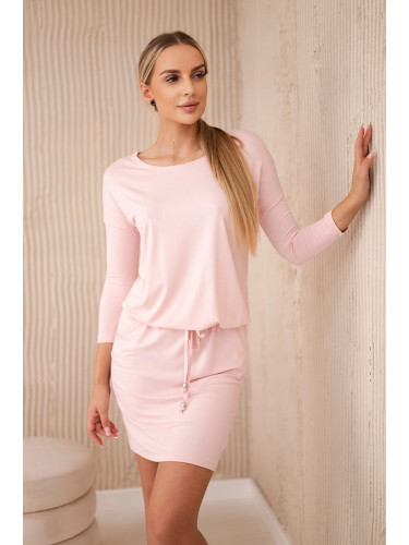 Viscose dress with a tie at the waist powder pink
