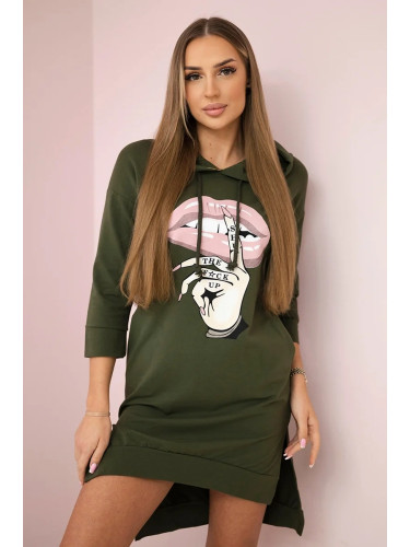 Dress with a longer back and a colorful khaki print