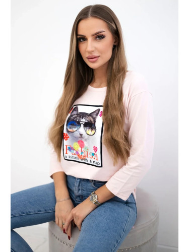Blouse with cat graphics 3D powdered pinjk