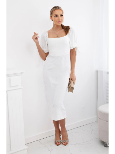 Women's dress gathered at the back with tied sleeves - white