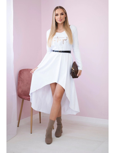 Dress with decorative belt and white inscription