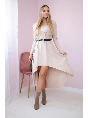 Dress with decorative belt and inscription beige
