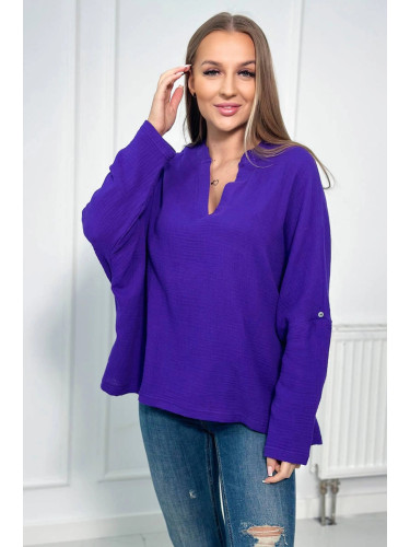 Cotton blouse with rolled up sleeves in dark purple color