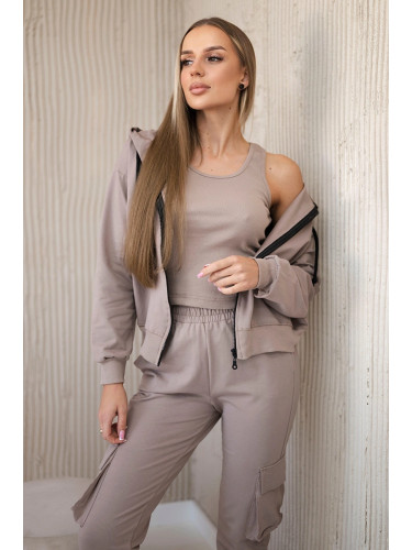 Set 3in1 sweatshirt + top + pants dark beige