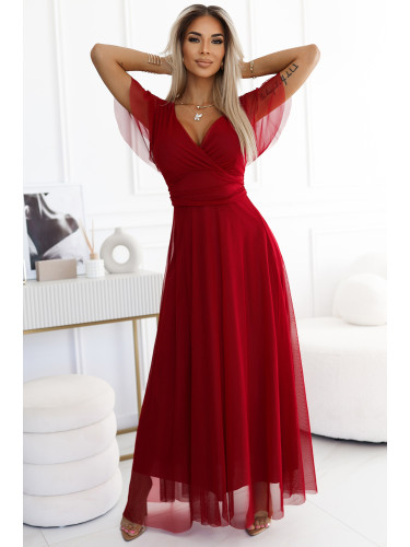 562-2 NASTIA Long dress with neckline and short sleeves - BORDO