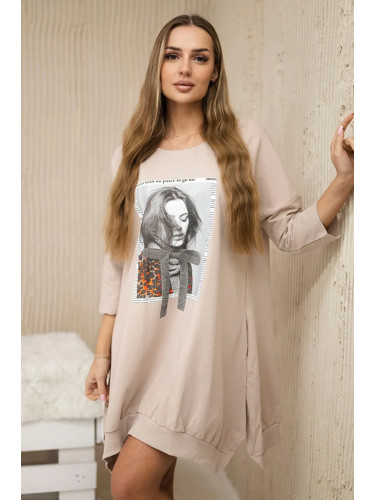Dress with print and flared beige bottom
