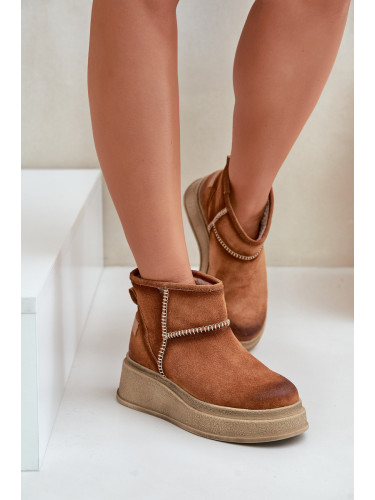 Кожени Суедени Снежни Ботуши На Платформа И Висок Ток Кафяви Maciejka