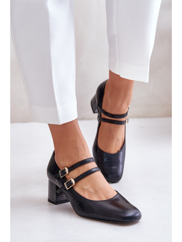 Кожени обувки с каишки на блока черни Laura Messi 2857