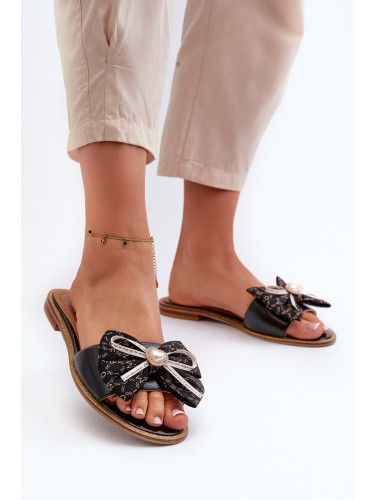 Плоски дамски кожени чехли с панделка Laura Messi 2791 Черни