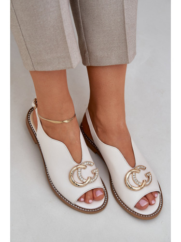 Laura Messi Кожени Сандали На Плосък Ток С Декорация Светло Бежови Лаура Меси 2865