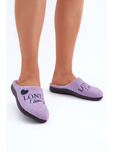 Обувки За У дома Дамски Чехли С Надпис И Козина Тип Баране Фиолетови Inblu