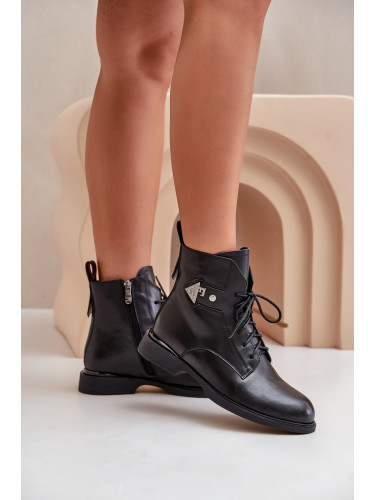 Кожени Боти На Плосък Ток С Dekor Maciejka