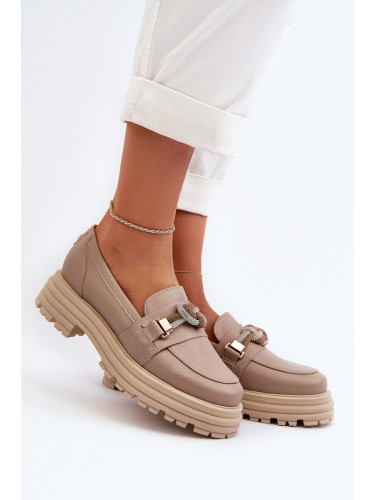 Дамски кожени мокасини с декорация Laura Messi 2780 Тъмно бежово