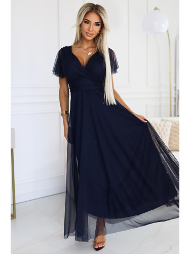 562-1 NASTIA Long dress with neckline and short sleeves - DARK BLUE