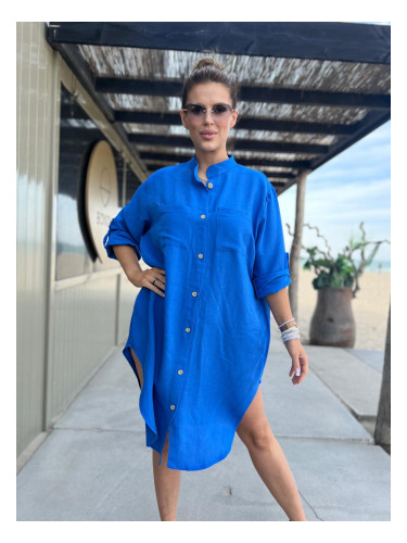 Edoti Linen, shirt dress with stand-up collar