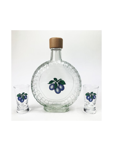 К-кт 1x стъклена бутилка и 2x чаша за шот прозрачен с мотив на слива
