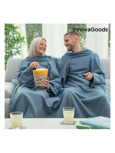 Двойно Одеяло с Ръкави с Централен Джоб Doublanket InnovaGoods - Син