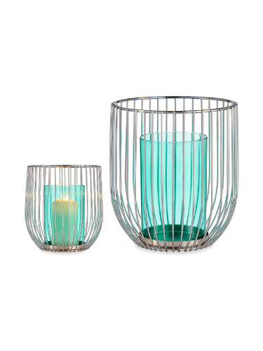 Поставка за свещ Сребрист Син Клетка Метал Cтъкло (15 x 17 x 15 cm)