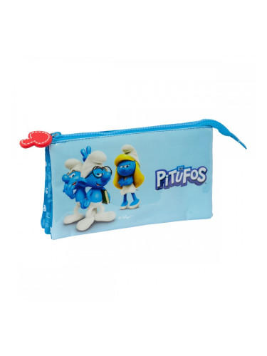 Двоен Моливник Los Pitufos Син 22 x 12 x 3 cm