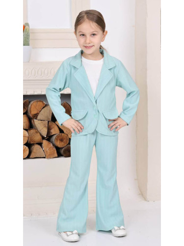 Комплект за момиче от сако и панталон в мента/тюркоаз и блуза без ръка