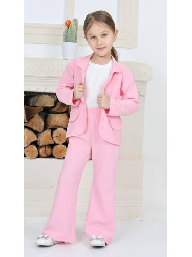 Комплект за момиче от сако и панталон в розово и блуза без ръкав в бял