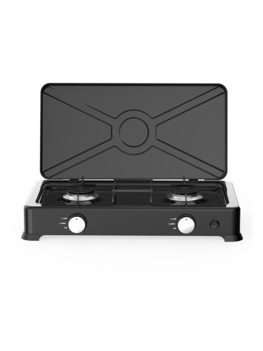 Двоен газов котлон с капак Rosberg R51454E2L 2х 2.2 kWh, 30 mbar, Автоматично запалване, Черен