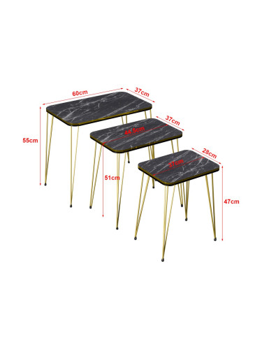 Комплект маси за гнездене Rudkøbing от 3 черни мраморни визии / златни []