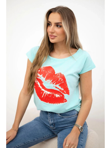 Blouse with mint lip print