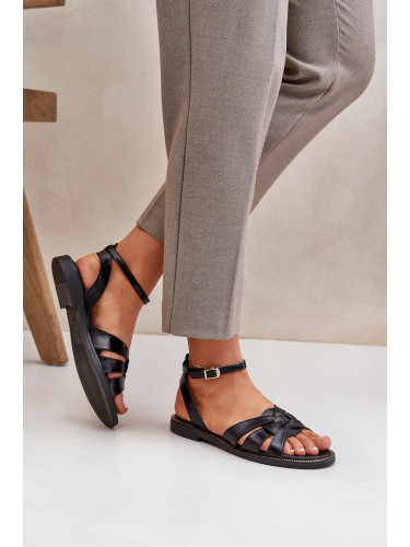 Lewski Shoes Черни равни дамски кожени сандали Zazoo 40378