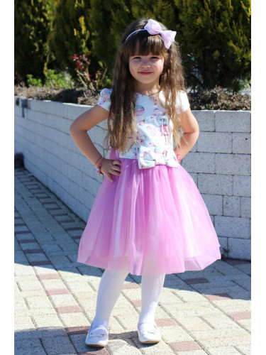 Детска рокля в бяло с макарони с къс ръкав и тюл