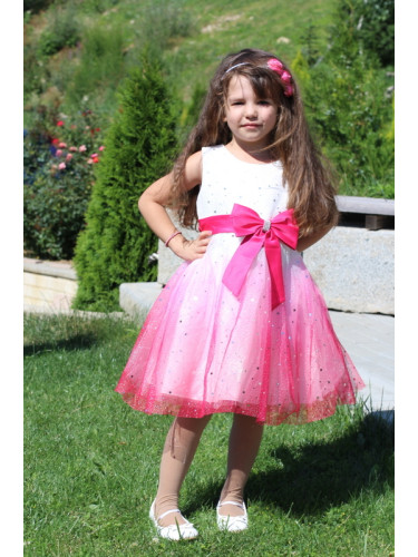 Детска рокля в бяло и циклама без ръкав с тюл и колан 8436543