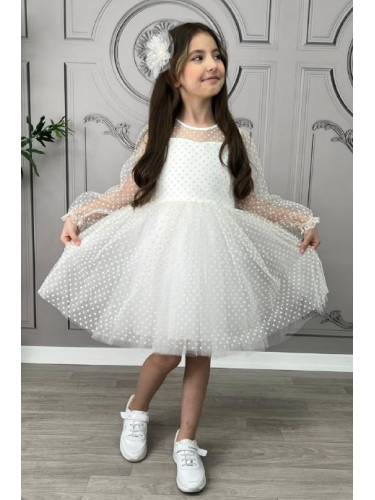 Официална детска рокля с дълъг ръкав от тюл на ситни точки с панделка 
