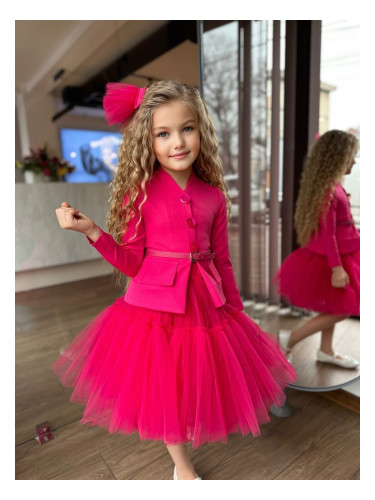 Комплект за момиче от 4 части - сако, пола, колан и фиба в циклама