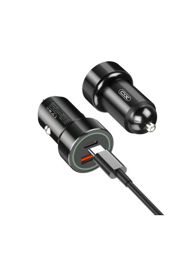 Зарядно устройство за кола комплект XO TZ11 с USB и USB-C изход QC 3.0, Метален, с кабел Lightning-USB-C, 12V, 3A, Черен