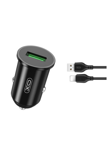 Зарядно устройство за кола комплект XO TZ12 с USB изход QC 3.0, С кабел Lightning-USB, 12V, 3A, Черно