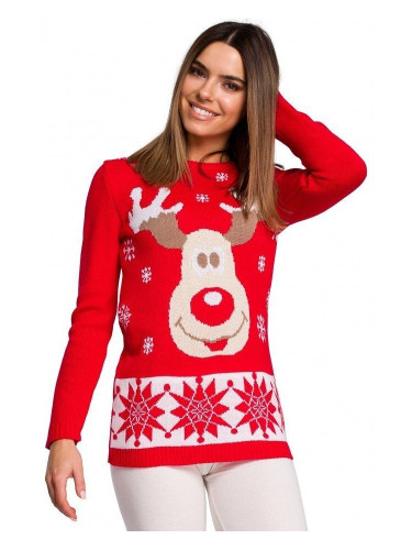 Червен дамски пуловер с коледни мотиви MXS04