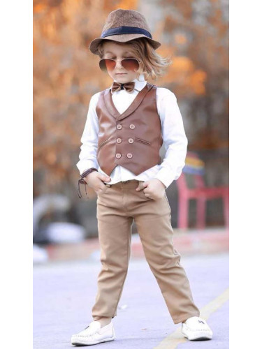 Официален комплект за момче от 4 части - кожен елек в кафяво, риза в б