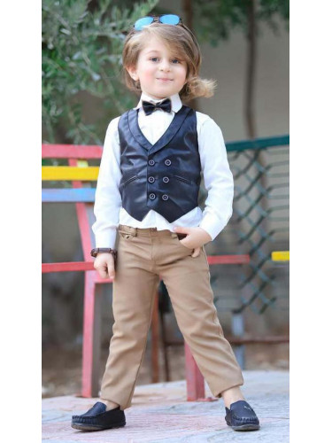 Официален комплект за момче от 4 части - кожен елек в черно, риза в бя