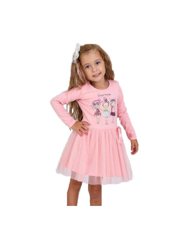 Детска рокля в розово с дълъг ръкав с момиченца и тюл 