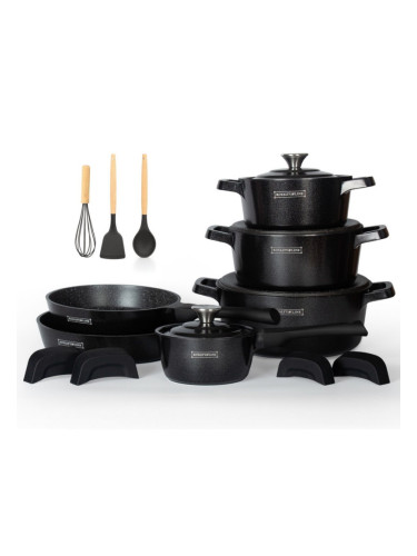 Комплект тенджери и тигани Royalty Line Premium RL-OS1014M, 17 ч, Отливка, Greblon мраморно покритие, Индукция, Черен