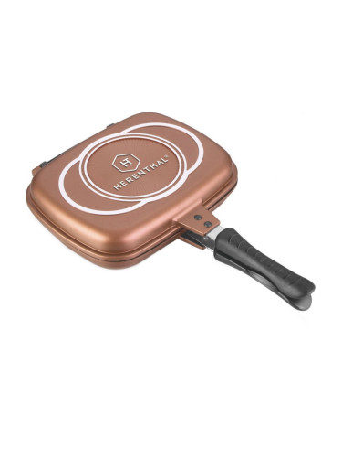 Тиган двоен HERENTHAL HT-CDF32M, 32 см, Грил и плосък, Мраморно покритие, Меден цвят