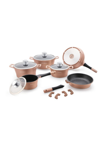 Комплект тенджери и тигани Royalty Line RL-ES1014M Copper, Лят алуминий, 14 части, Мраморно покритие, Меден