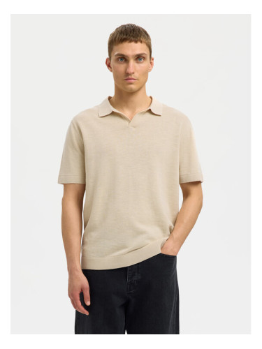 Selected Homme Тениска с яка и копчета Mattis 16096197 Бежов Regular Fit